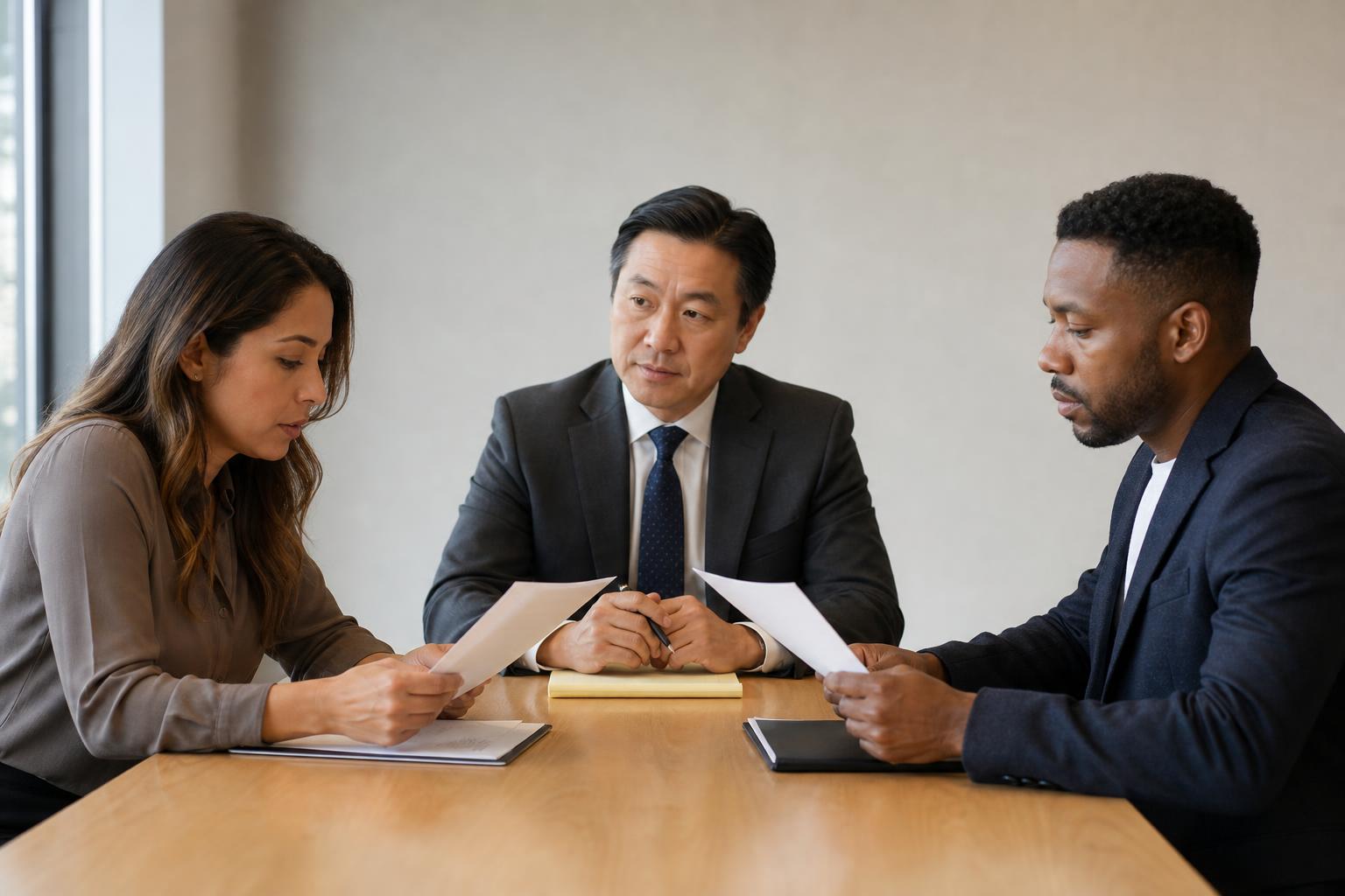 Three professionals — a lawyer-mediator and two parties — in a structured legal mediation discussion at a conference table