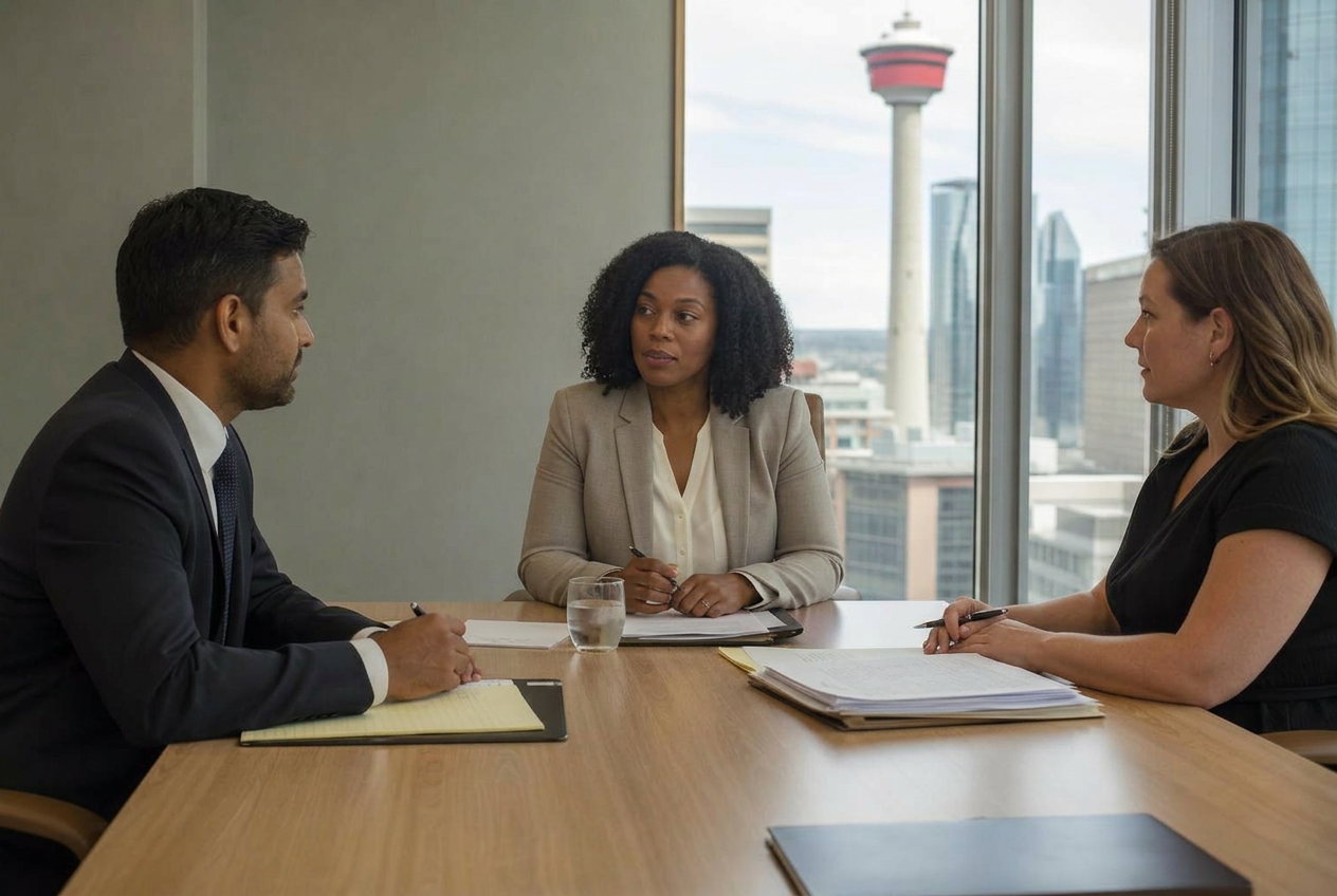 Three mediation participants meeting around a conference table with legal documents during a lawyer-led mediation session in Calgary, Alberta