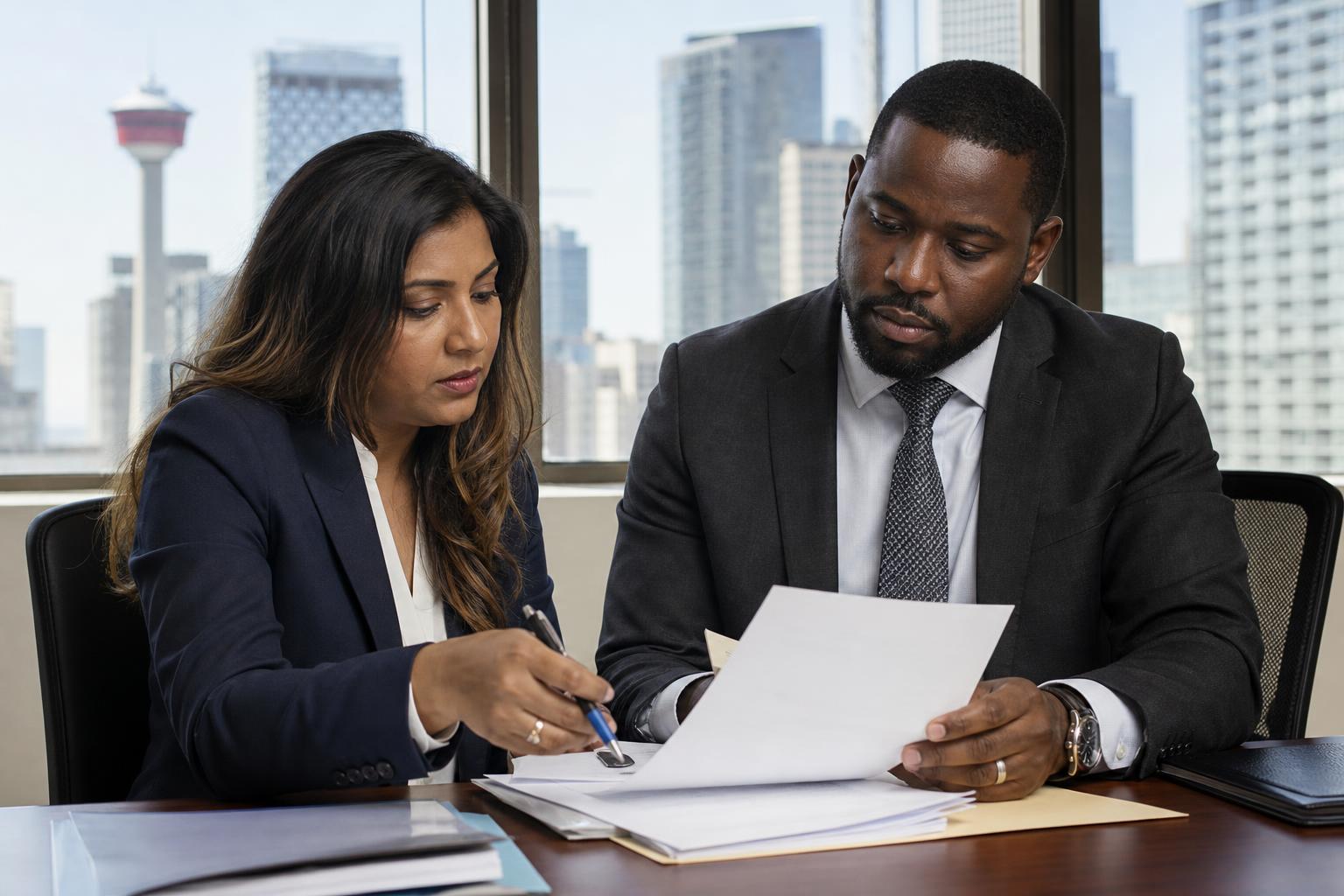 Lawyers reviewing case documents together at a conference table during an Alternative Dispute Resolution referral discussion